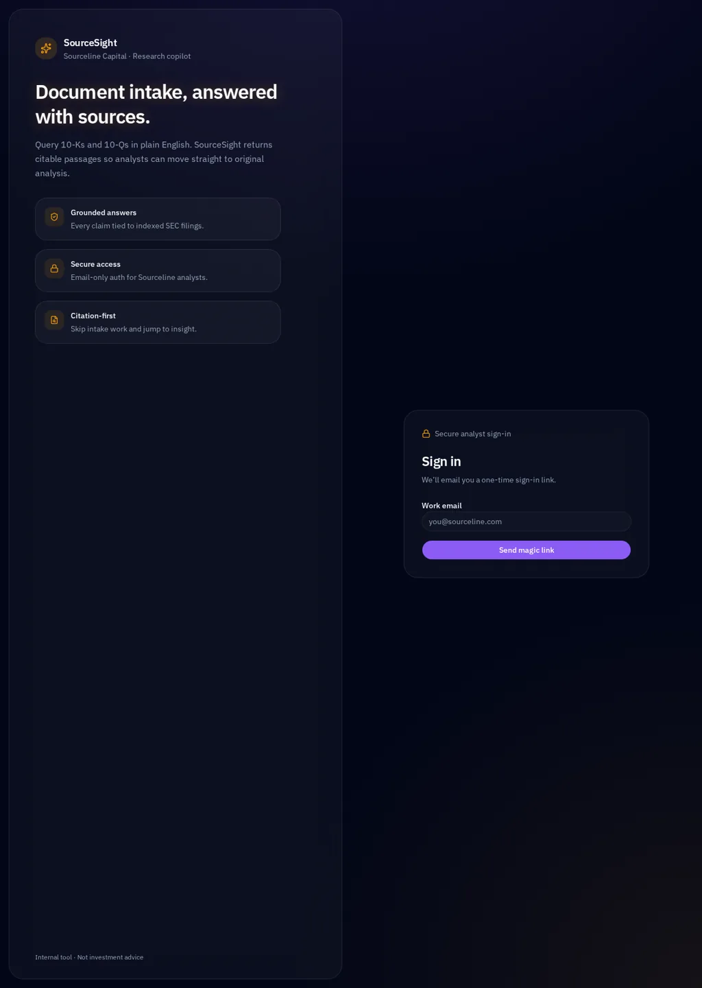 SourceSight secure research copilot sign-in screen