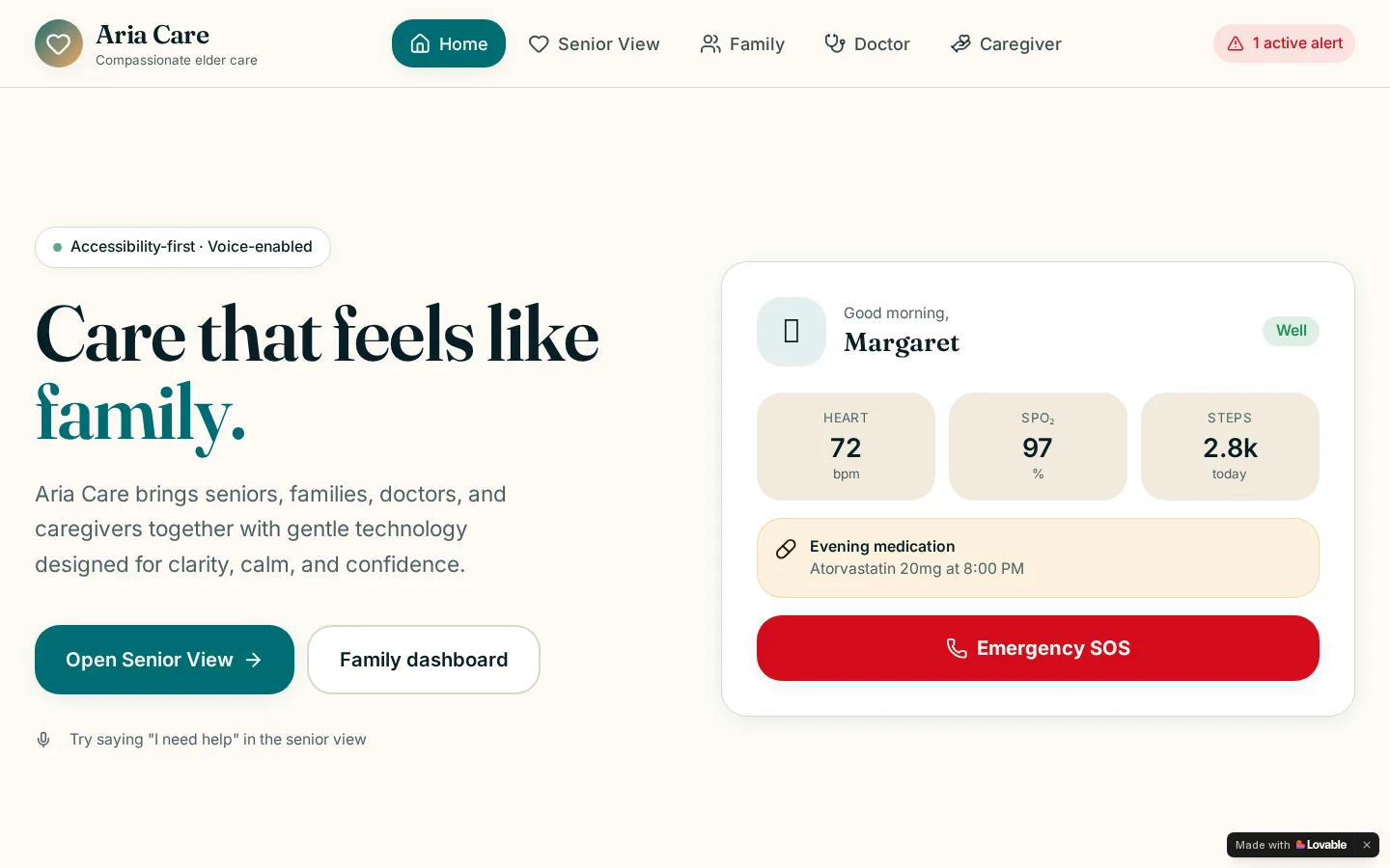 Aria Care elder care dashboard with vitals, medication reminder, and emergency button