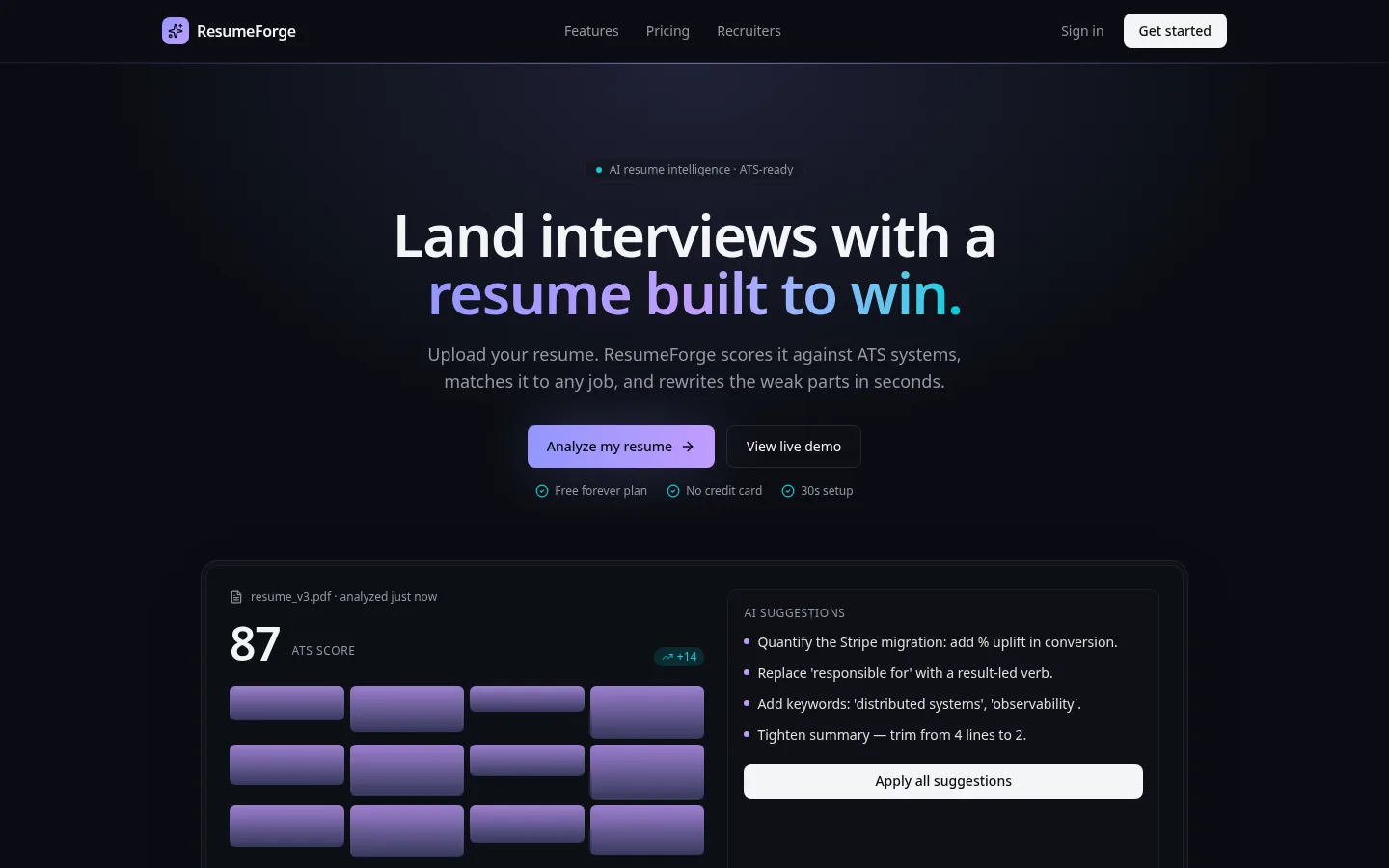 ResumeForge resume analysis screen showing an ATS score and AI suggestions